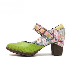 Socofy Vicconfy Floral Leather Women's Mary Jane Heel
