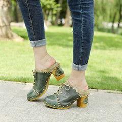 Socofy Leather Retro Street Style Rivet Chunky Heeled High Heels