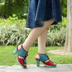 Socofy summer genuine leather retro hollow design high heel sandals