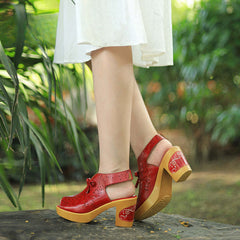 Socofy Summer Leather Retro Hollow Out High Heel Sandals
