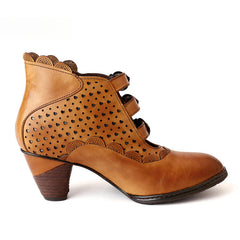 Socofy Vicconfy Retro Cutout High Heel Leather Boots