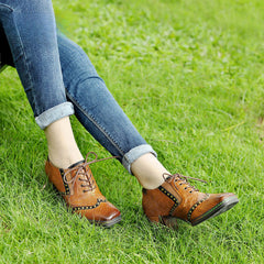 Socofy Genuine Leather Retro Brown Strappy Thick Heel Women's High Heels