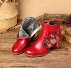 Socofy Vicconfy Retro Pattern Leather Zipper Ankle Boots