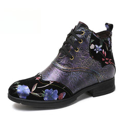 Socofy Vicconfy Genuine Leather Ethnic Illusion Blue Purple Vintage Ankle Boots
