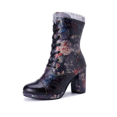 Socofy Winter Retro Lace Print Heeled Boots