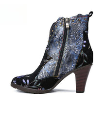 Socofy Vicconfy Vintage Genuine Leather Boots Floral Women's Boots