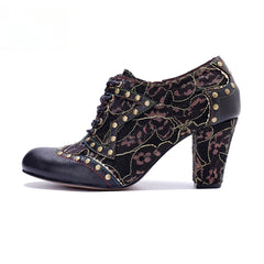 Socofy genuine leather Women's Leather Rivet Retro Fashion High Heeled Shoes