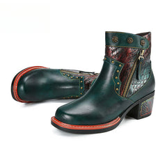 Socofy Vicconfy Women's Martin Boots Leather Patchwork Ethnic Vintage Short Boots