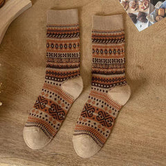 Socofy Vicconfy Mid-calf Socks Vintage Ethnic Striped Cotton Socks