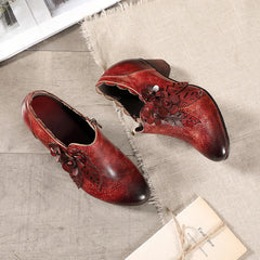 Socofy Genuine Leather Handmade Vintage Fashion Side Zipper High Heels Women's Shoes