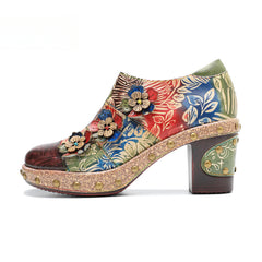 Socofy Genuine Leather Vintage Floral Dimensional Flower Comfortable Pumps