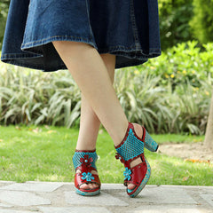 Socofy summer genuine leather retro hollow design high heel sandals