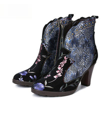 Socofy Vicconfy Vintage Genuine Leather Boots Floral Women's Boots