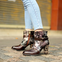 Socofy Vicconfy Genuine Leather French Vintage Print Heeled Women's Boots