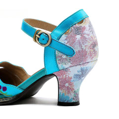 Socofy Aqua Blossom Mary Jane Heels