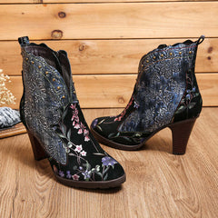 Socofy Vicconfy Vintage Genuine Leather Boots Floral Women's Boots