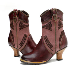 Socofy Vicconfy Leather Electric Embroidered Zipper Ankle Boots