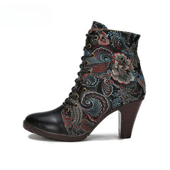 Socofy Vicconfy Cowhide Non-Slip Vintage Embroidered Heel Ankle Boots