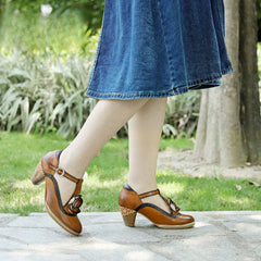 Socofy spring genuine leather retro Mary Jane high-heeled shoes