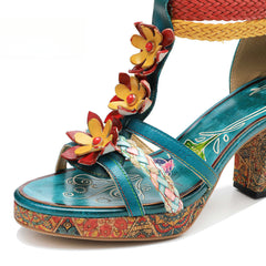 Socofy summer genuine leather braided retro fashion high-heeled women's sandals