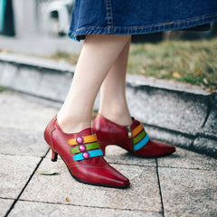 Socofy Red Leather Vintage Buckle High Heels Women's Shoes