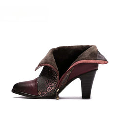 SOCOFY Genuine Leather Retro Handmade Exquisite Embossed Fashion Zip Winter Boots