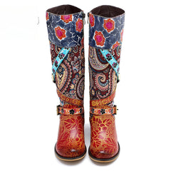 Socofy Leather Vintage Print Chunky Heel Knee Women's Boots