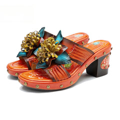 Socofy Genuine Leather Hand-painted Retro High Heeled Slippers Sandals