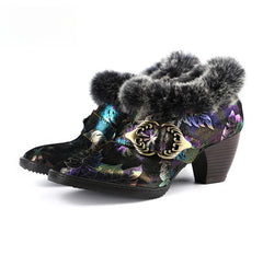 Socofy Vicconfy Genuine Leather Vintage Genuine Wool Patchwork Vintage Illusion Pumps