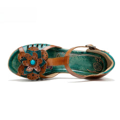 Socofy spring and summer leather retro casual three-dimensional flowers buckle strap women's sandals