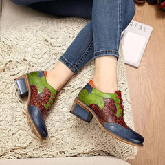 Socofy New Spring Genuine Leather Round Toe Lace-up Mixed Colors Ethnic Casual Sewing Pumps
