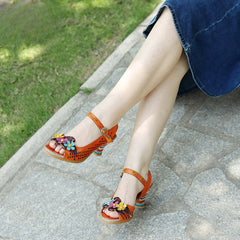 Socofy Summer Genuine Leather Hollow Three-dimensional Flower Comfortable Women's High Heels