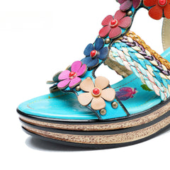 Socofy summer genuine leather bohemian style comfortable wedge sandals for women