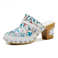 Socofy Handmade Leather Crushed Flower Rustic Casual Fashion Comfortable High Heeled Sandals