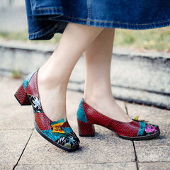 Socofy Butterfly Genuine leather Floral Deco Heels Women's shoes
