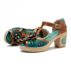 Socofy spring and summer leather retro casual three-dimensional flowers buckle strap women's sandals