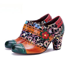 Socofy Genuine Leather Vintage Floral Chunky Heeled Women Pumps
