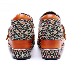 Socofy Genuine leather vintage plaid three-dimensional flowers pumps