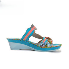 Socofy summer fashionable flower women's shoes ethnic style retro casual leather wedge slippers