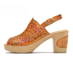 Socofy Spring Summer Leather Printed Hollow Out Chunky Heel Buckle Strap Clog Bottom Sandals