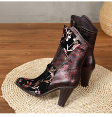 Socofy Vicconfy Court Leather Vintage Handmade High Heel Women's Boots