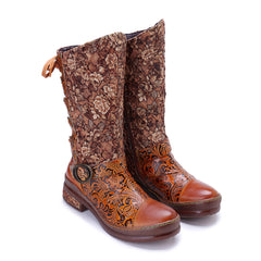 Socofy Winter Leather Vintage Printed Boots