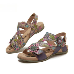 Socofy Bohemian retro first-layer cowhide flower-embellished women's sandals
