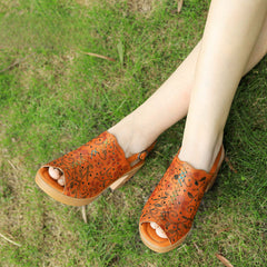 Socofy Spring Summer Leather Printed Hollow Out Chunky Heel Buckle Strap Clog Bottom Sandals