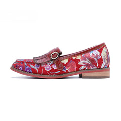 Socofy Handmade Leather Vintage Printed Tassel Flat Loafers Shoes
