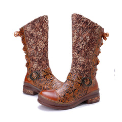 Socofy Winter Leather Vintage Printed Boots