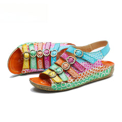Socofy summer genuine leather belt buckle comfortable flat women's sandals