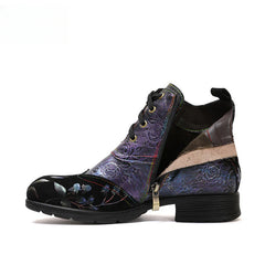 Socofy Vicconfy Genuine Leather Ethnic Illusion Blue Purple Vintage Ankle Boots