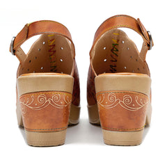 Socofy Spring Summer Leather Printed Hollow Out Chunky Heel Buckle Strap Clog Bottom Sandals