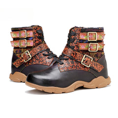 Socofy Vicconfy Leather Handmade Color Rubbed Printed Belt Buckle Flat Women's Boots